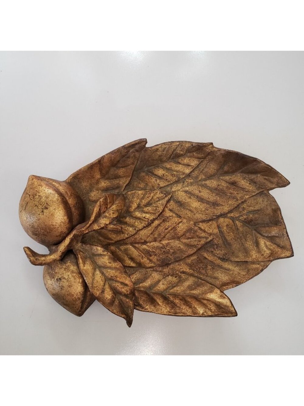 Vintage Mid Century Metal Cast Iron Gold Peach Tree Leaf Disk Trinket tray